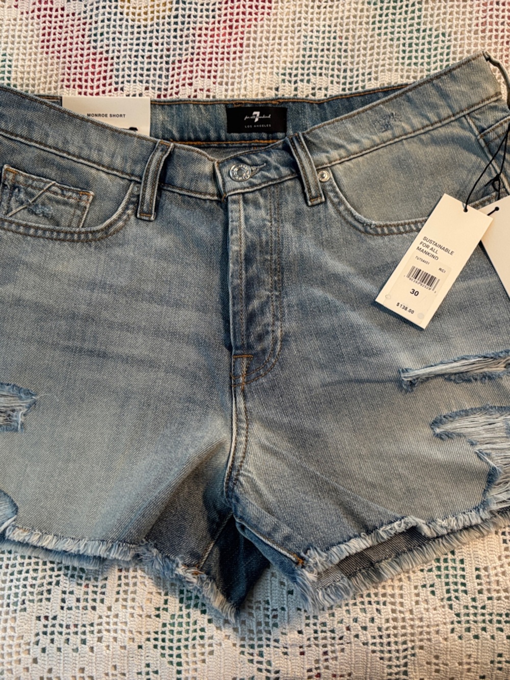 7 For All Mankind Light Blue Distressed Denim Shorts Size 30